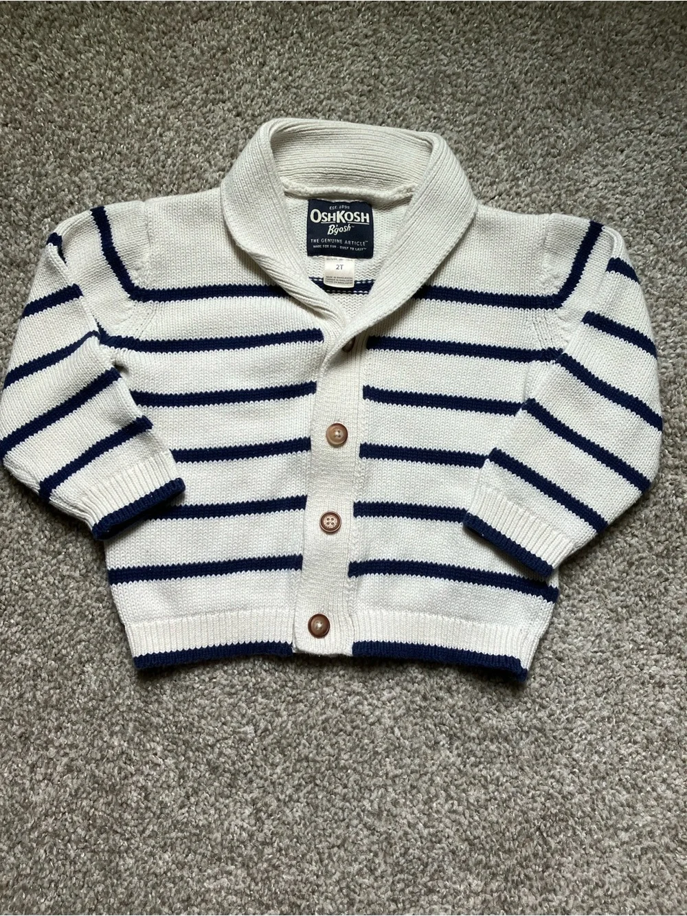 Nautical OshKosh Cream and Navy Striped Shawl Collar Cardigan
